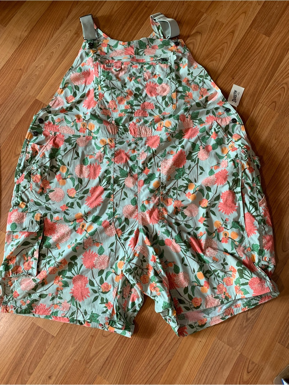 Limited - Duluth Mint Green & Coral Short Floral Overalls Dhalia Peony Print 4X